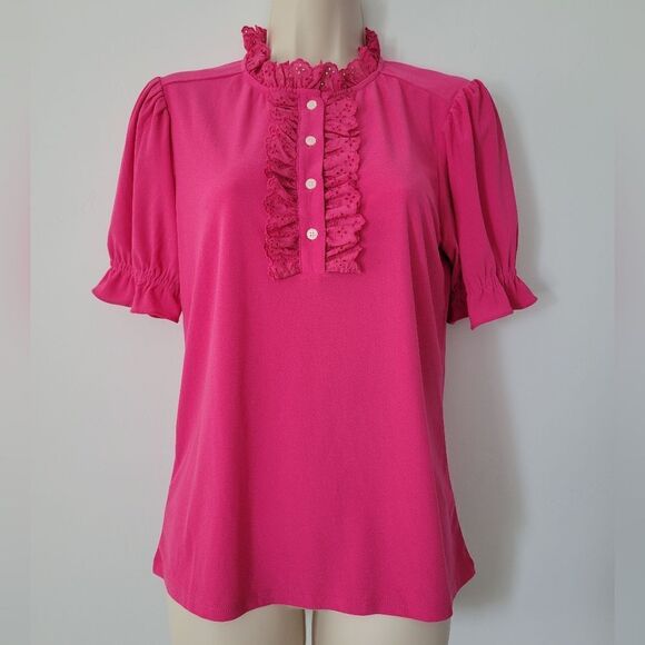 CeCe Ruffle Trim Blouse in Bright Rose NWOT - Picture 1 of 8